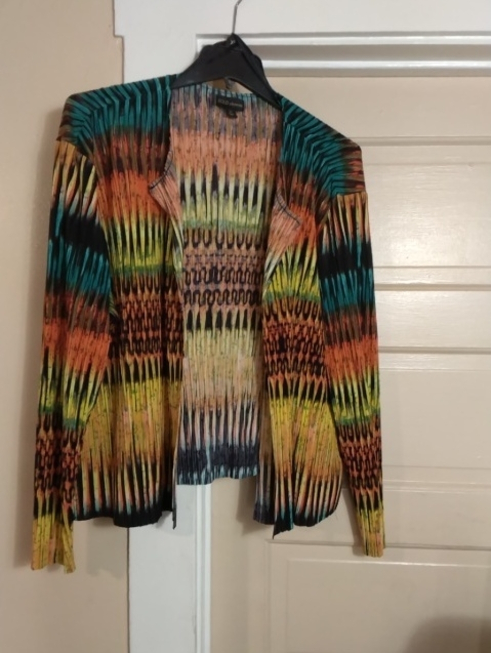 BOLD elements Multicolor Open-Front Knit Cardigan in Teal, Orange, Yellow, Black